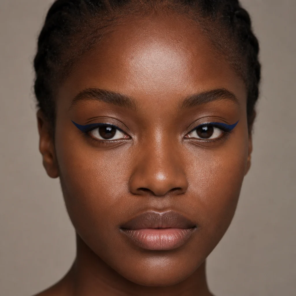 Black woman with a navy blue elongated foxy liner, a deep cool-toned wing lifted up and out along the lash line, straight-on beauty portrait