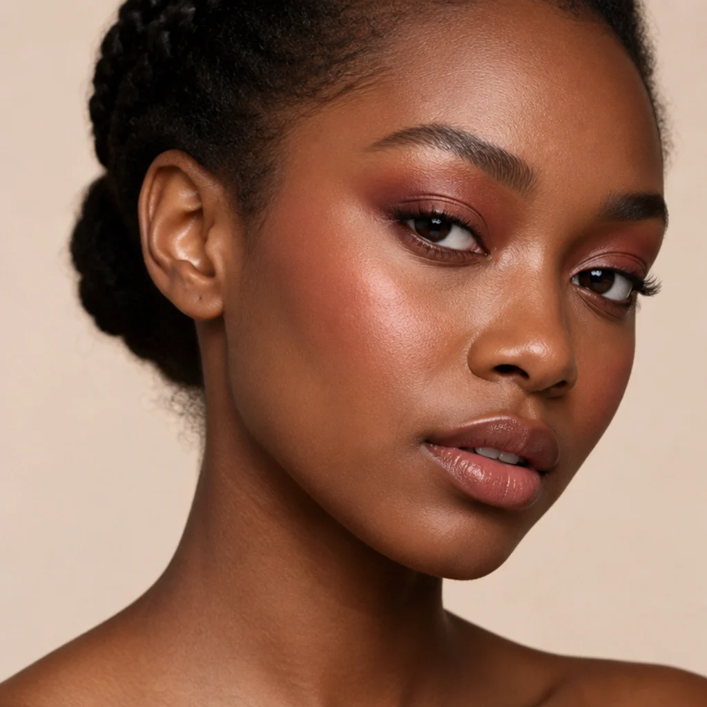 Black woman with a warm mauve daytime foxy eye, soft rosy-brown shadow blended up and out with natural lashes, close-up three-quarter portrait