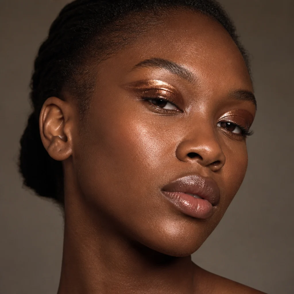 Black woman with a high-shine wet-look metallic bronze editorial foxy eye, glossy lid and a sharply lifted corner, dramatic studio beauty lighting