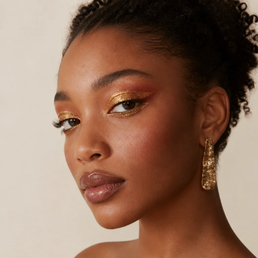 Black woman with a rust and gold festival foxy eye, warm blended rust crease with scattered gold flecks on the lid and a lifted outer corner, three-quarter portrait in outdoor light