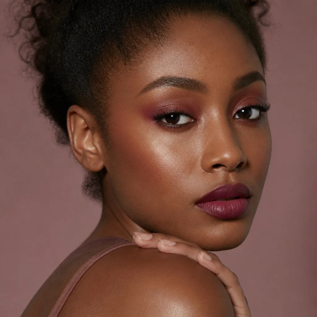 Black woman with a monochrome berry look, a matching berry foxy eye lifted at the corner and a berry-stained lip, cohesive three-quarter portrait