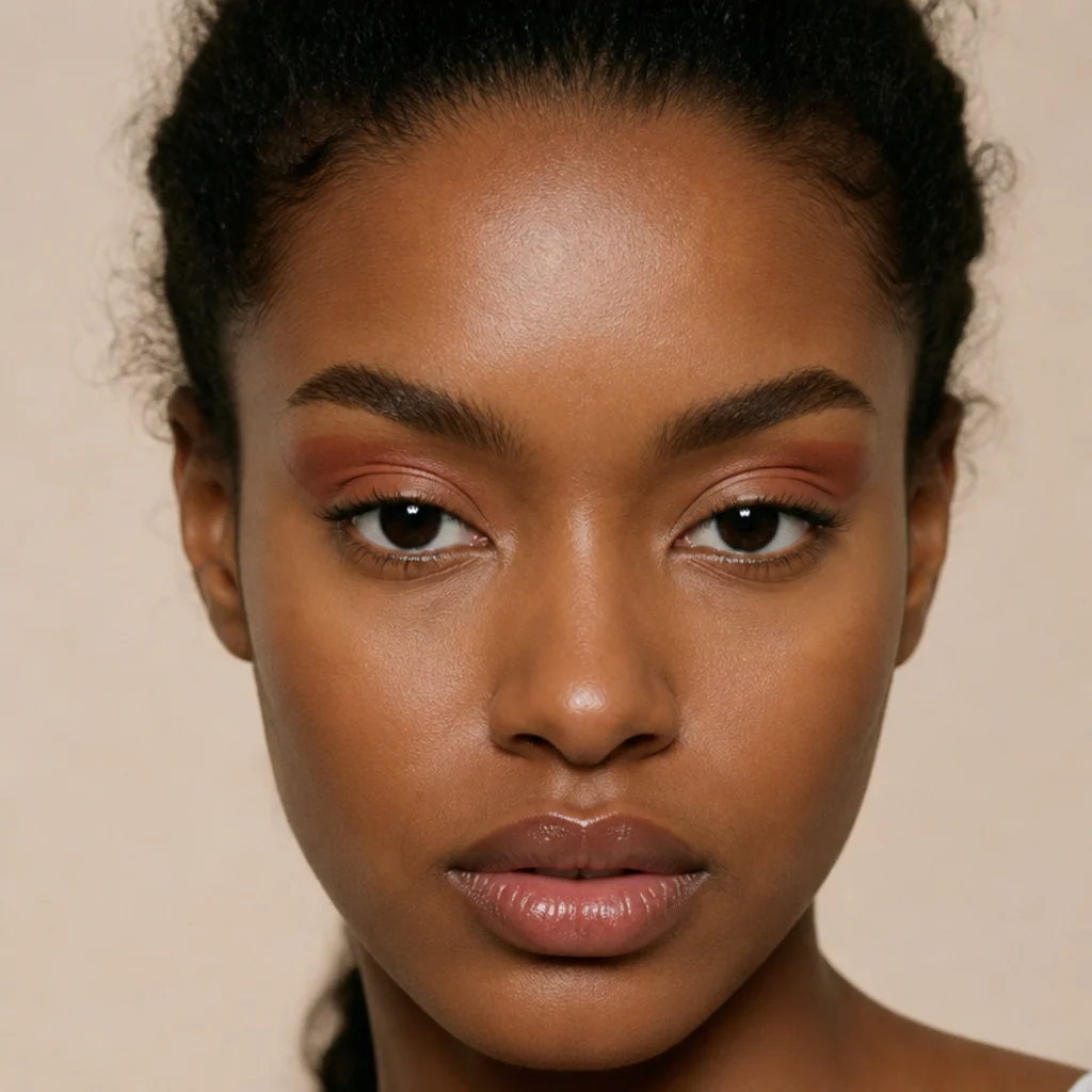 Black woman with a floating crease foxy eye, a lifted band of color hovering above the lash line over a bare glossy lid, modern straight-on portrait