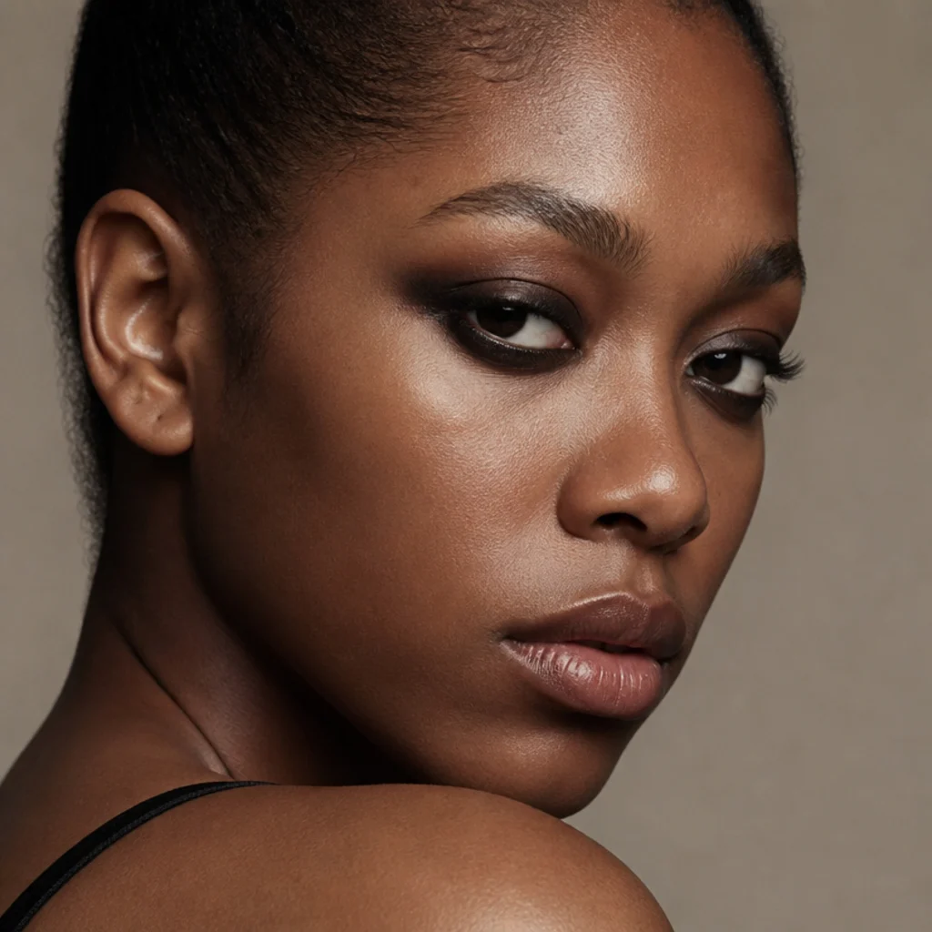 Black woman with a smudged black kohl rocker foxy eye, smoked upper and outer-two-thirds lower lash line lifted up and out, edgy undone three-quarter portrait