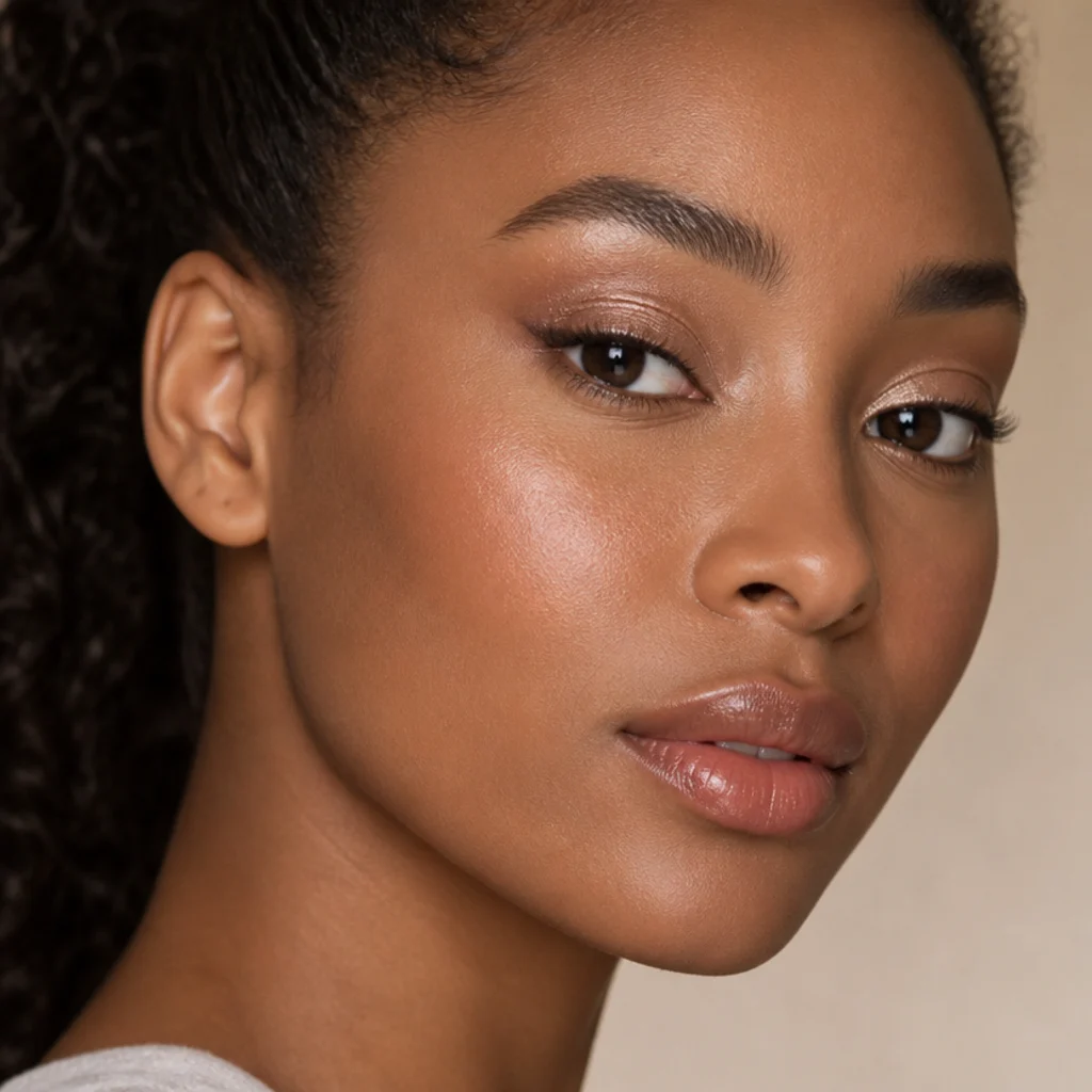Black woman with a champagne shimmer soft foxy eye, luminous neutral lid and a gently lifted warm-brown corner, glowing close-up three-quarter portrait