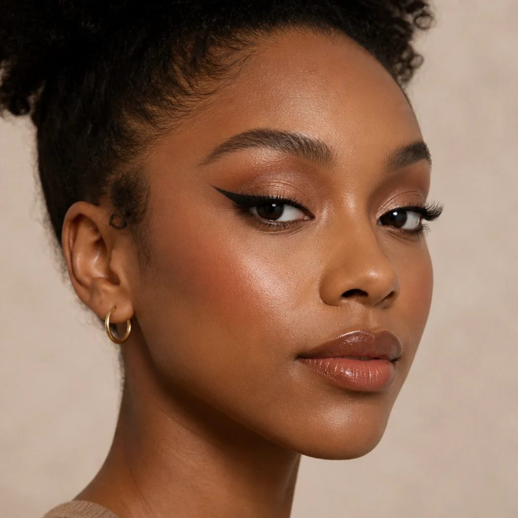 Black woman with a lifted foxy eye liner look, warm bronze shadow and a sleek elongated wing, three-quarter studio portrait