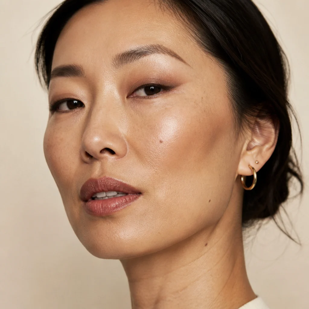 Model with hooded eyes wearing a soft matte taupe foxy eye, shadow buffed diffusely up and out with a barely-there lifted edge toward the temple