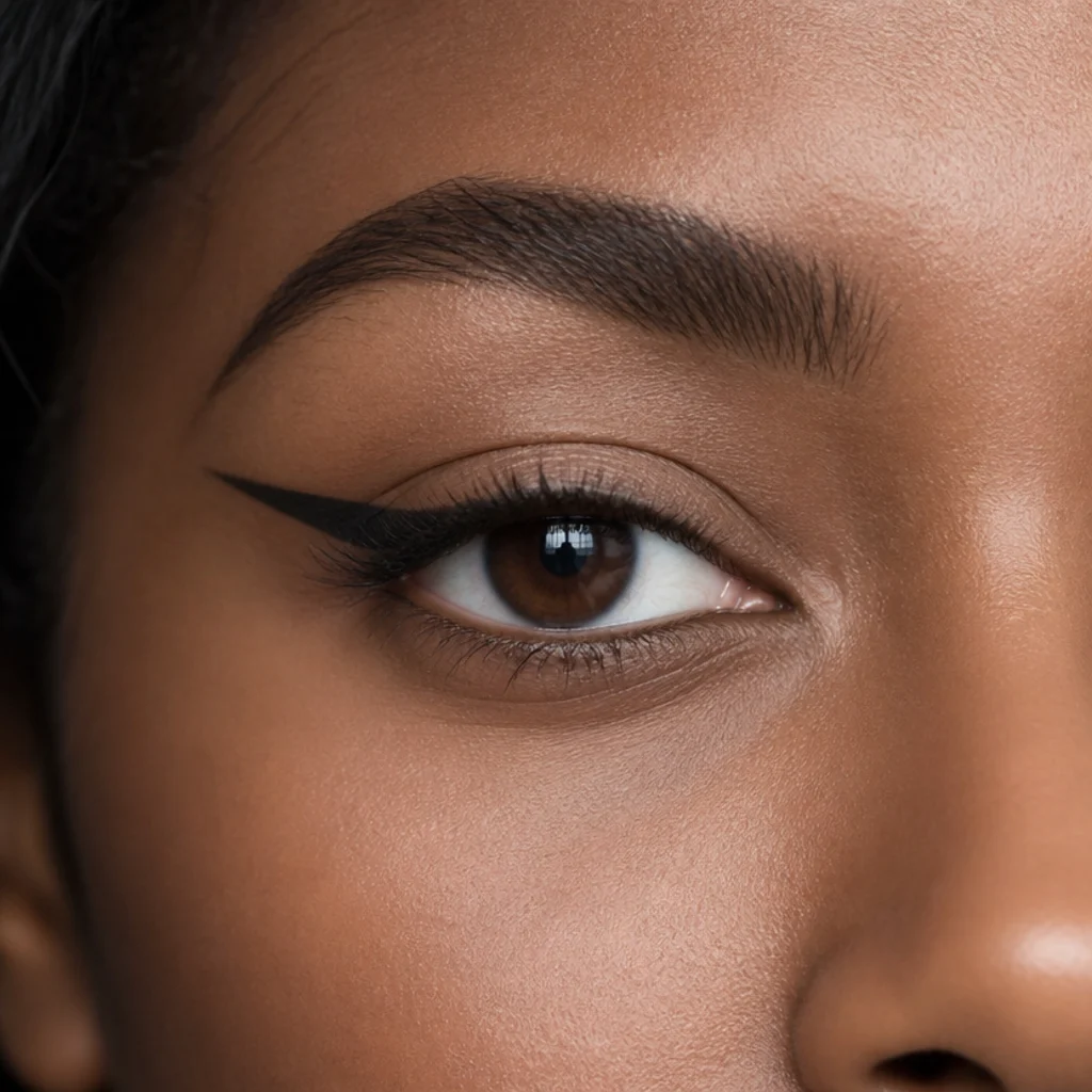 Close-up of hooded eyes showing a crisp lifted foxy liner mapped with the eyes open, angling cleanly up toward the temple above the fold