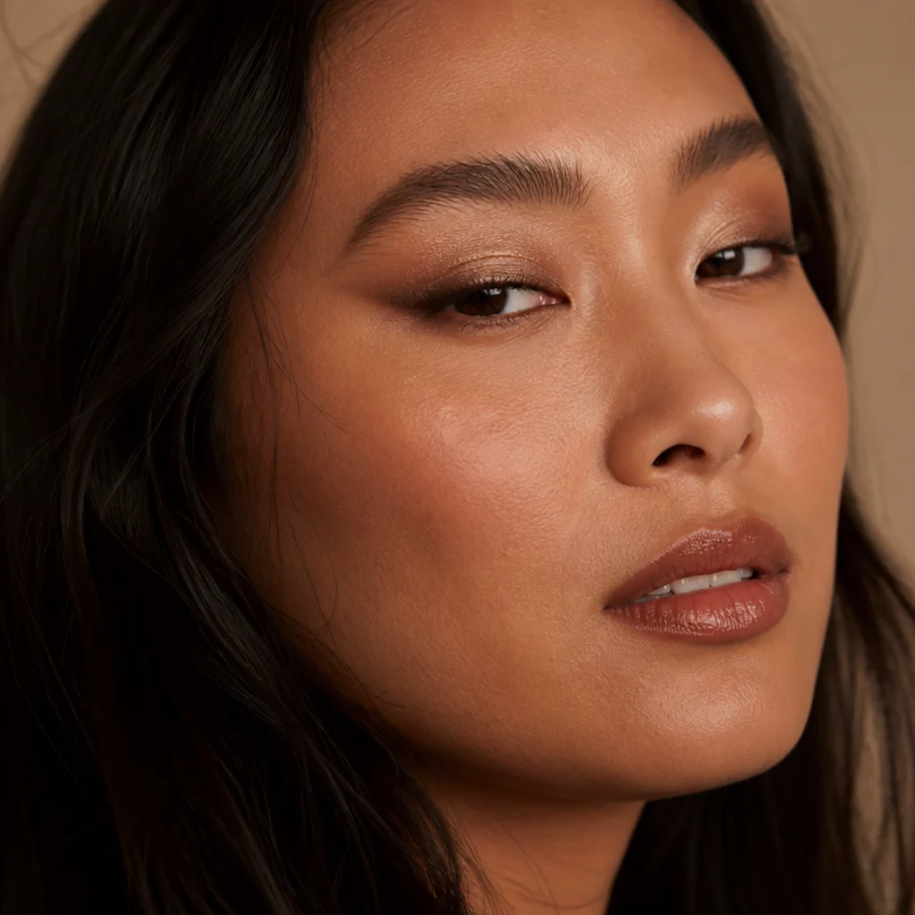 Warm bronze foxy eye on a hooded-eye model, shimmering bronze wash pulled up and out toward the brow tail with soft antique-bronze depth at the outer corner