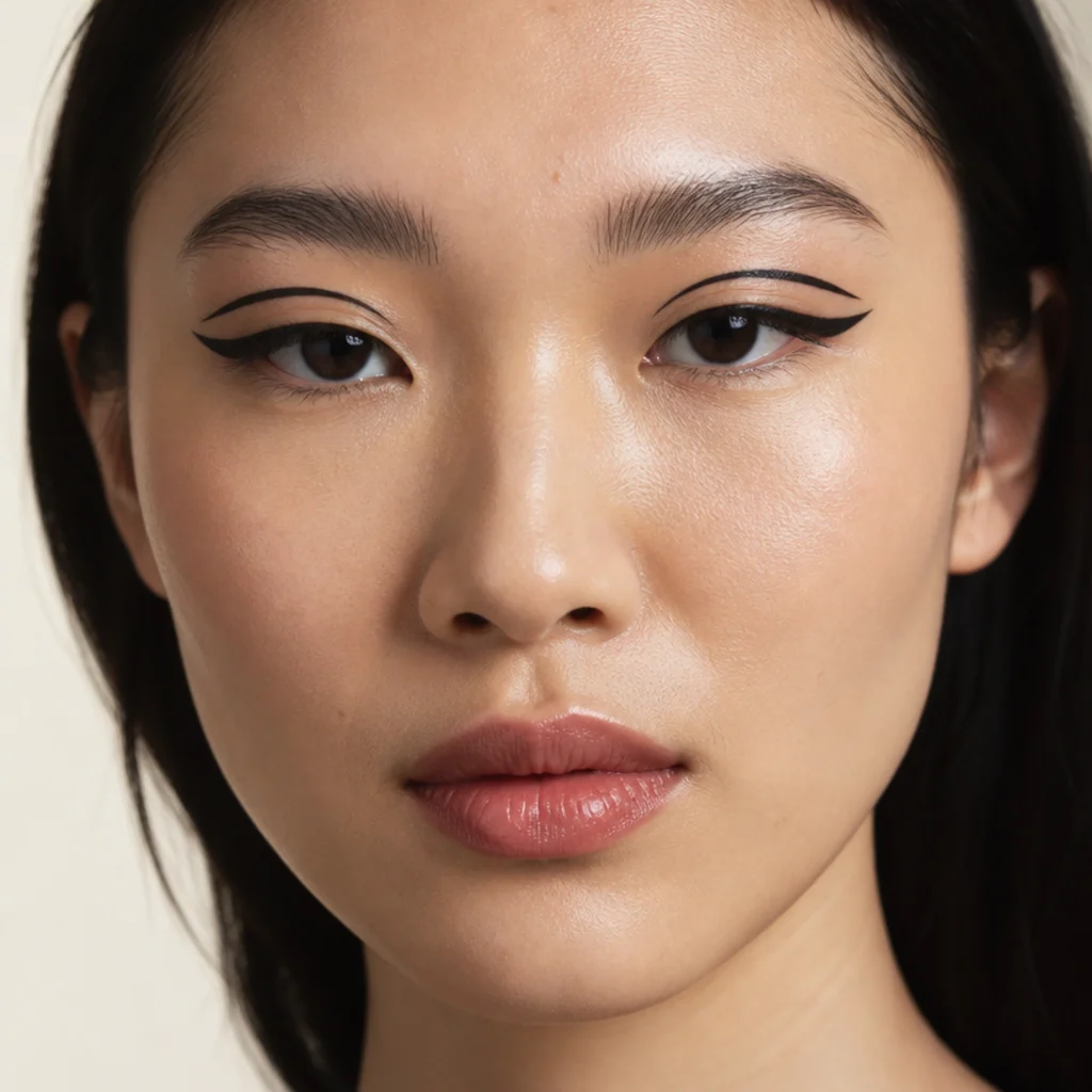 Hooded-eye model with a bold graphic floating foxy wing drawn above the crease shelf so it stays fully visible when the eyes are open
