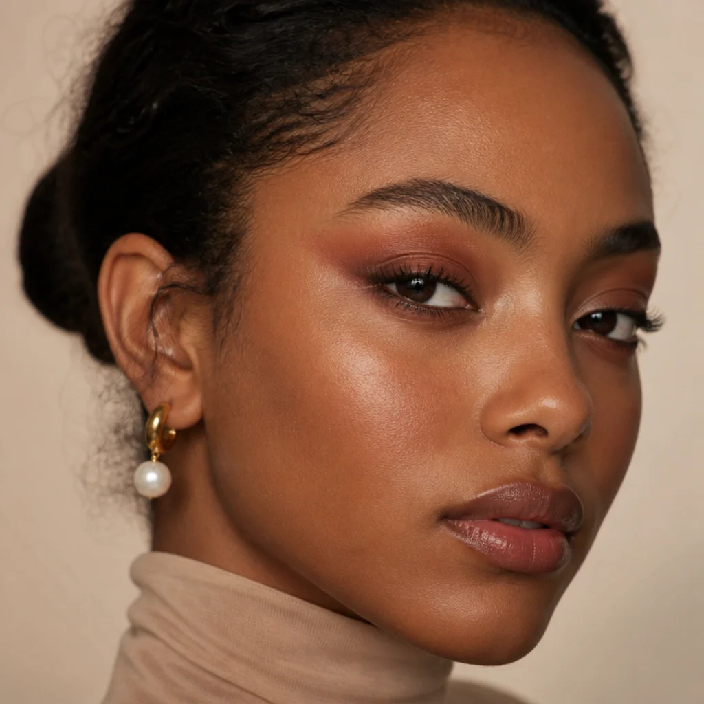 Terracotta smoky foxy eye on hooded eyes, warm rust shadow smoked up from the lashes and elongated toward the temple with a light champagne inner corner