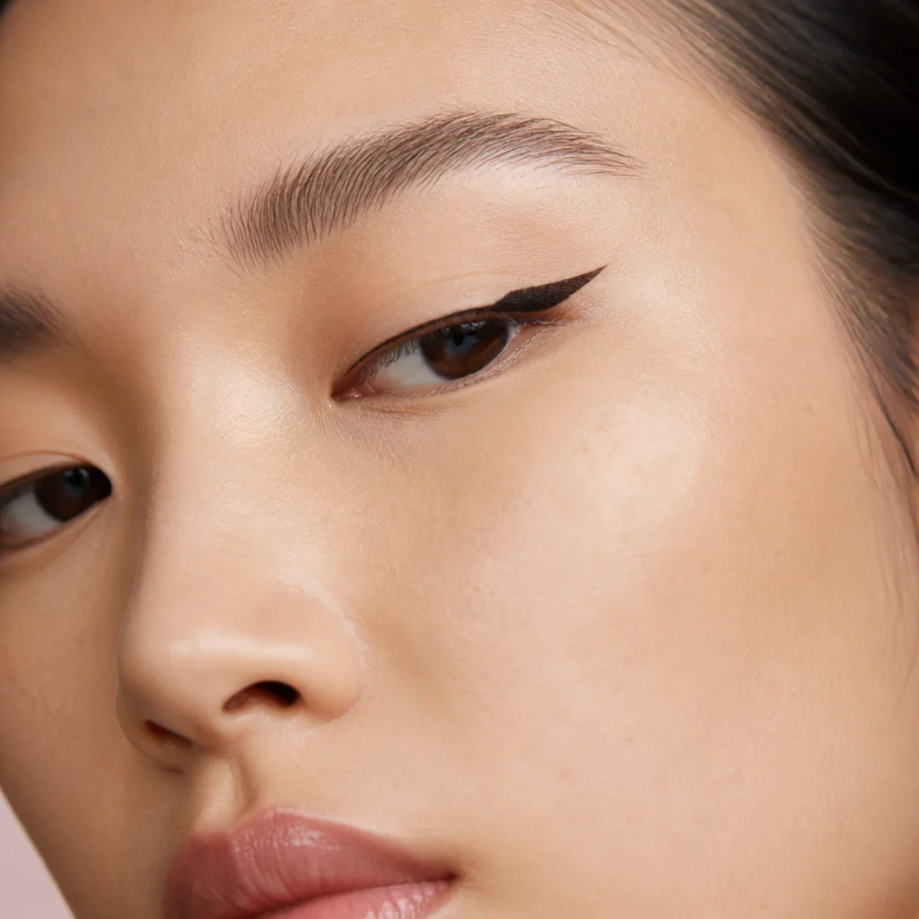 Precise lifted liner-only foxy eye on hooded eyes, clean black tail stepping up onto the hood shelf and angling toward the temple with no shadow