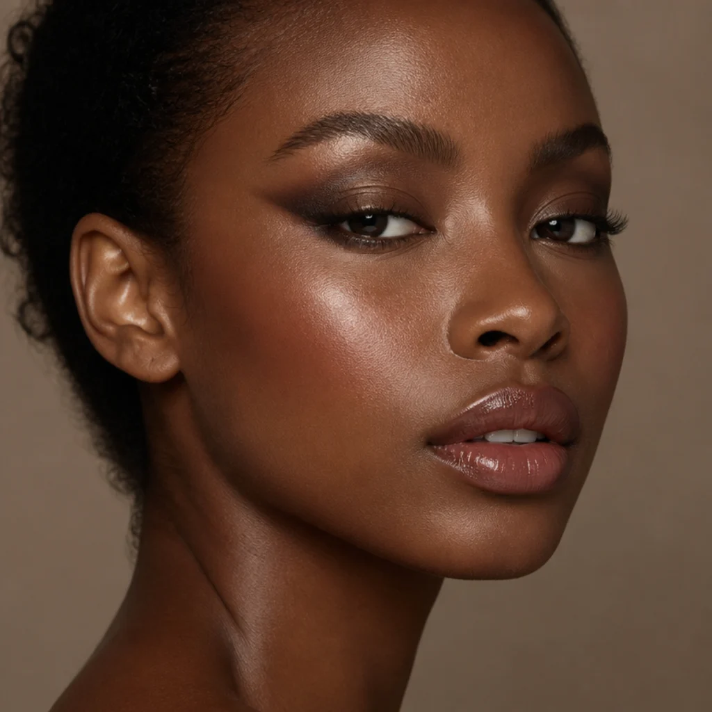 Deep espresso foxy eye on a Black model with hooded eyes, rich chocolate-to-espresso gradient lifted and elongated with a golden sheen on the center lid