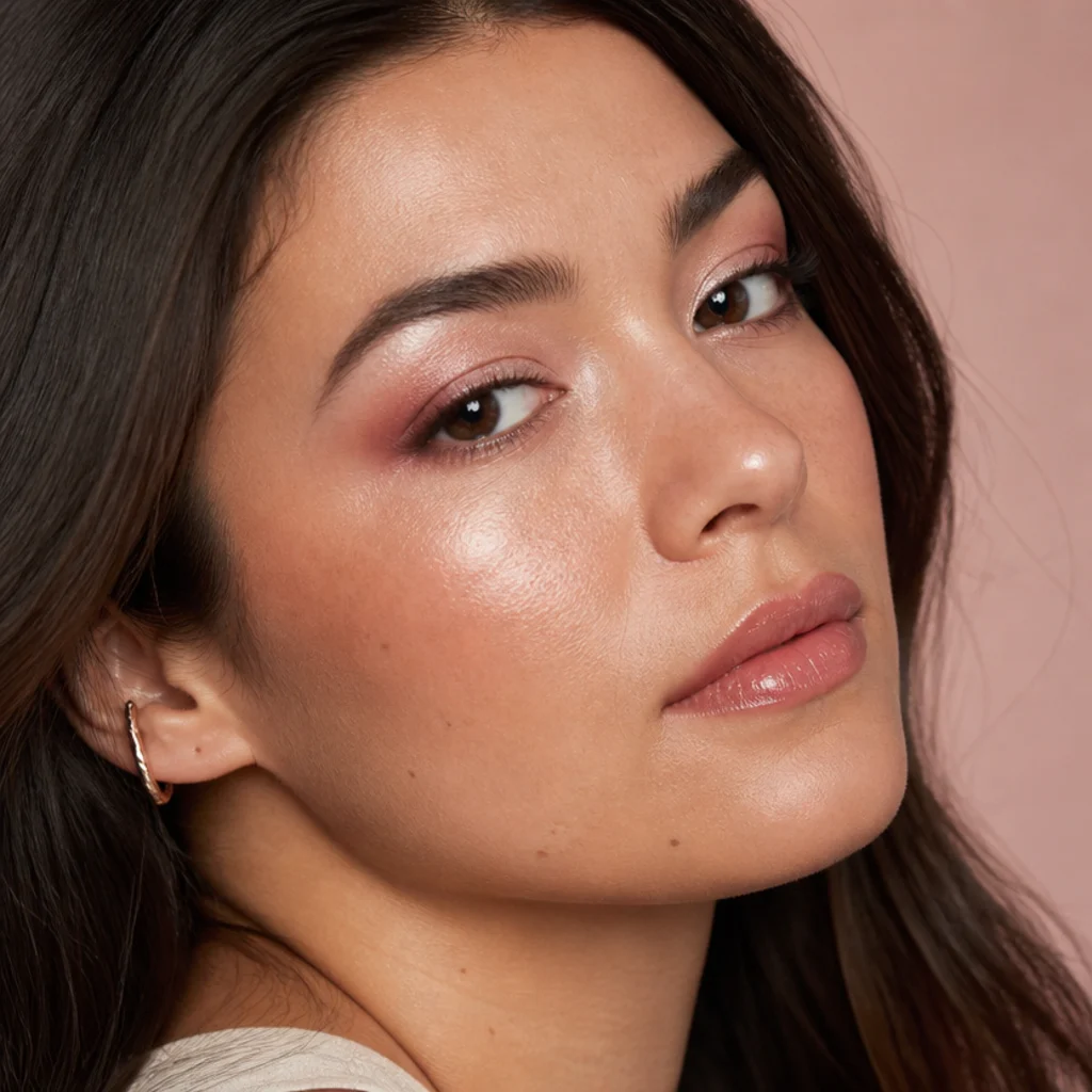 Rose-gold soft foxy eye on hooded eyes, pink-champagne shimmer across the lid lifted gently toward the temple with a deeper rose at the outer corner