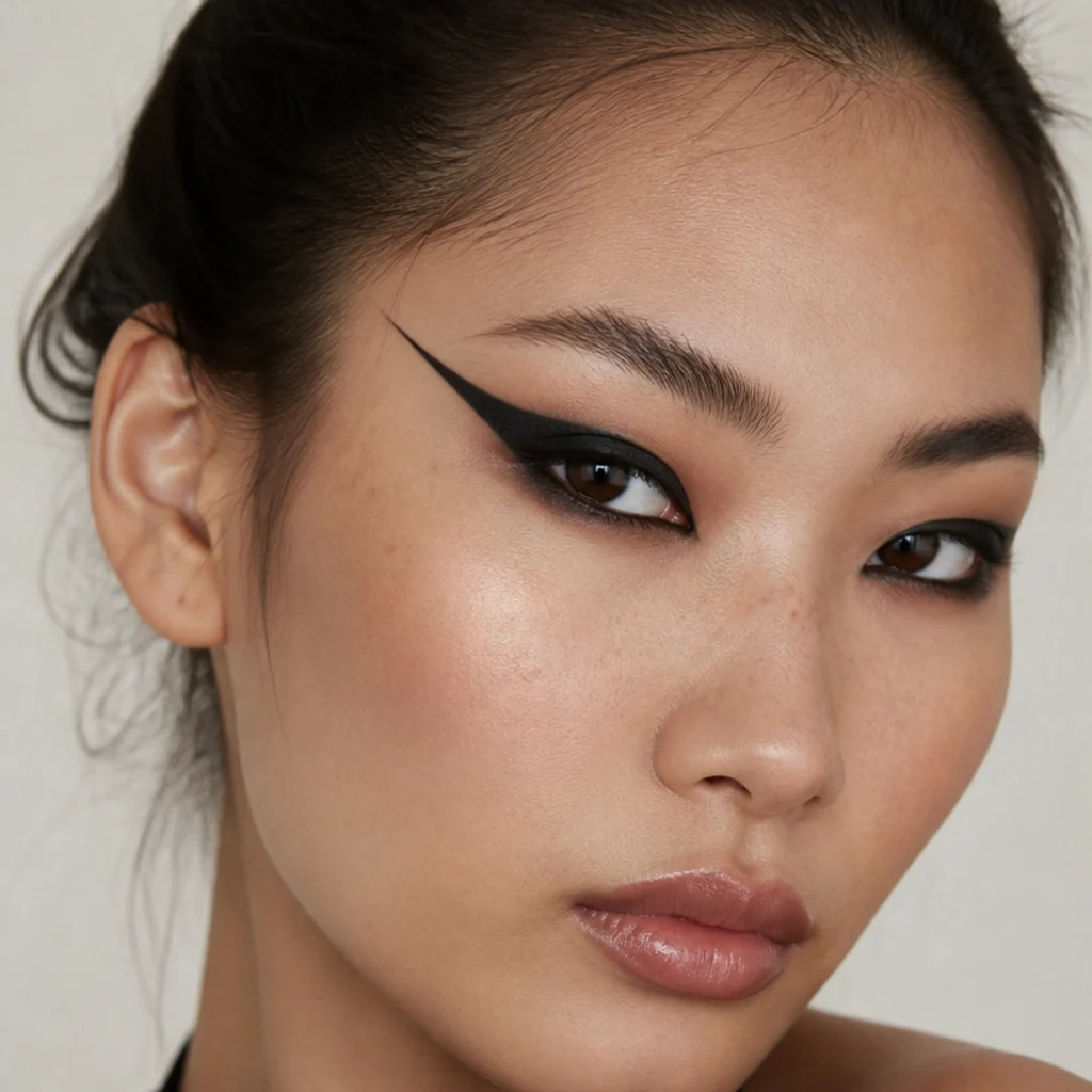 Dramatic extended siren foxy cat eye on hooded eyes, long sharp black tail stretching far toward the temple over a smoky high-set base