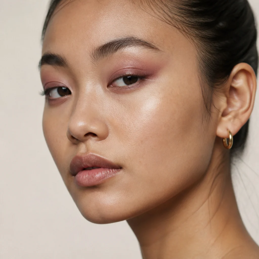 Monochrome mauve foxy eye on hooded eyes, one mauve tone carried across lid, outer crease, and lower line, lifted outward toward the temple