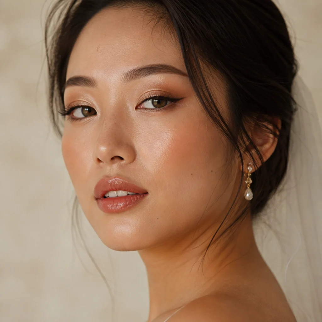 Soft golden bridal foxy eye on hooded eyes, warm champagne lid and soft brown outer lift with fluttery outer-weighted lashes