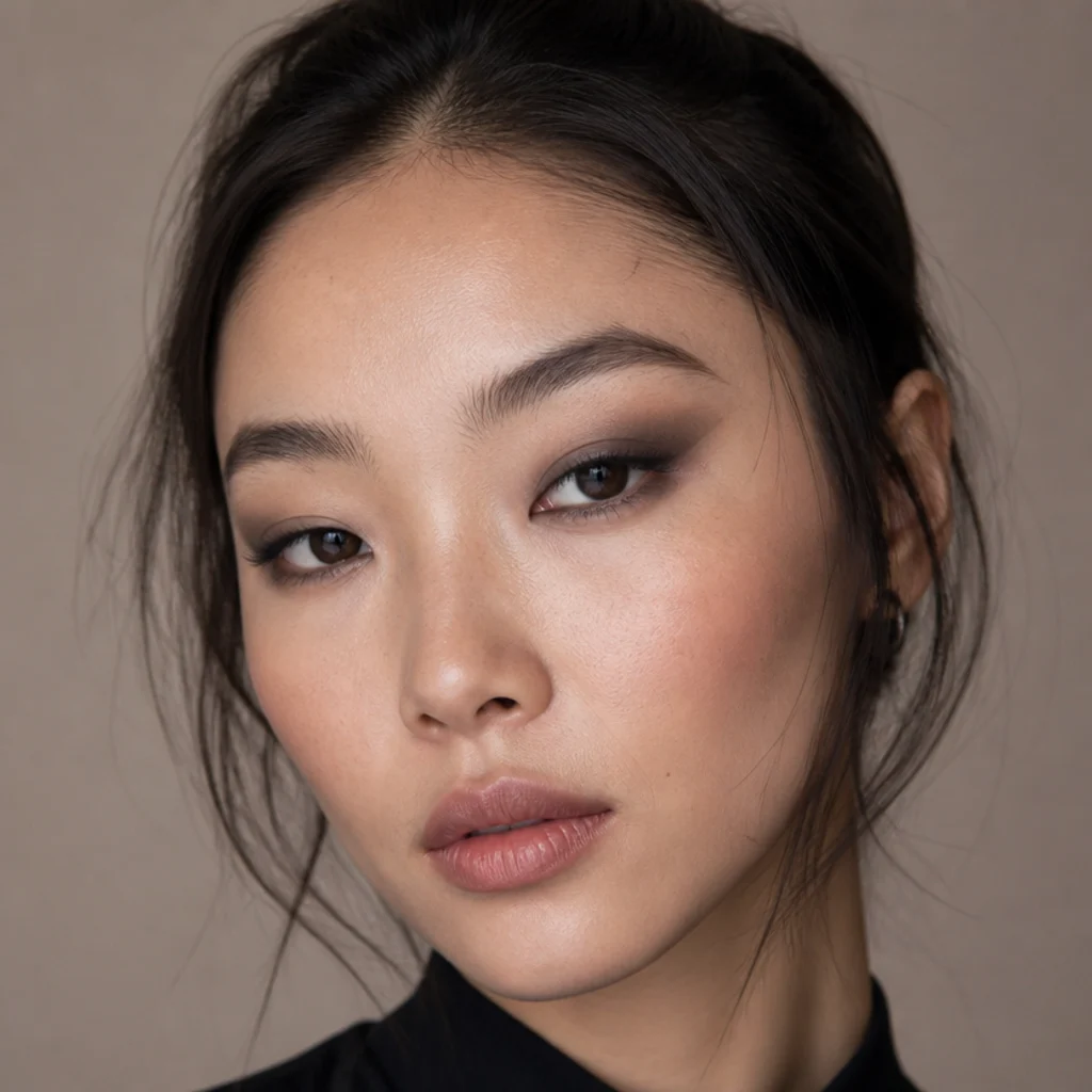 Cool grey editorial foxy eye on hooded eyes, smoky slate shadow lifted sharply toward the temple with a clean edge along the crease shelf