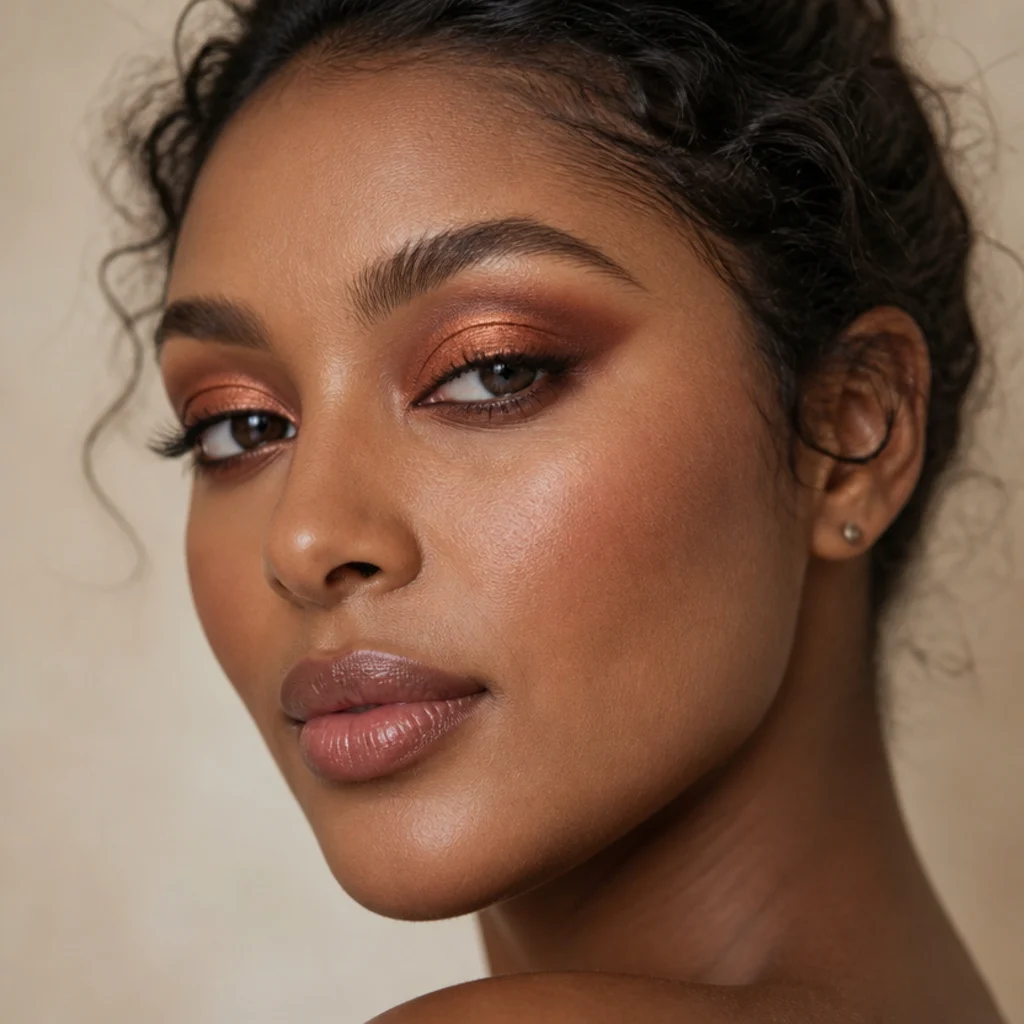 Copper modified cut-crease foxy eye on hooded eyes, bright copper on the visible lid with a soft higher-than-usual lifted crease shadow
