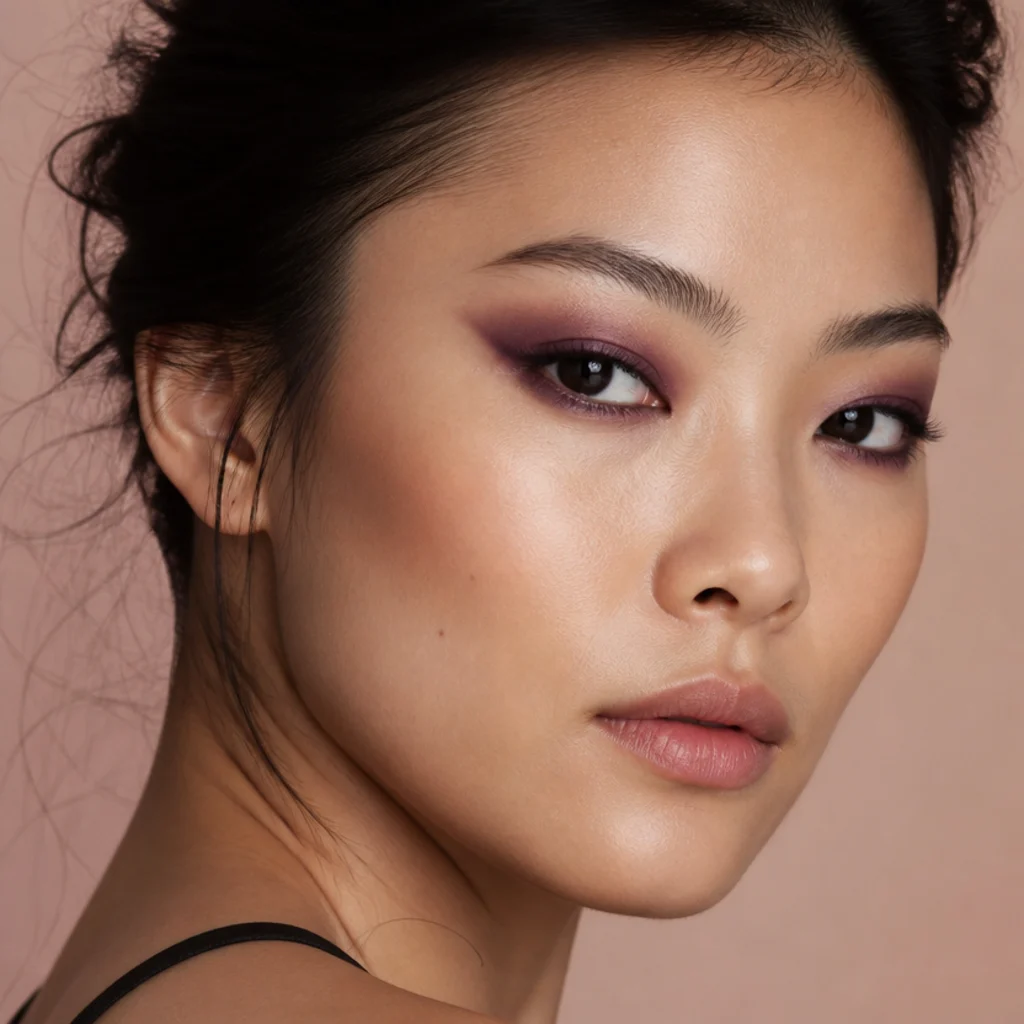Plum smoky foxy eye on hooded eyes, deep purple smoked up and elongated toward the temple with a soft plum lower line