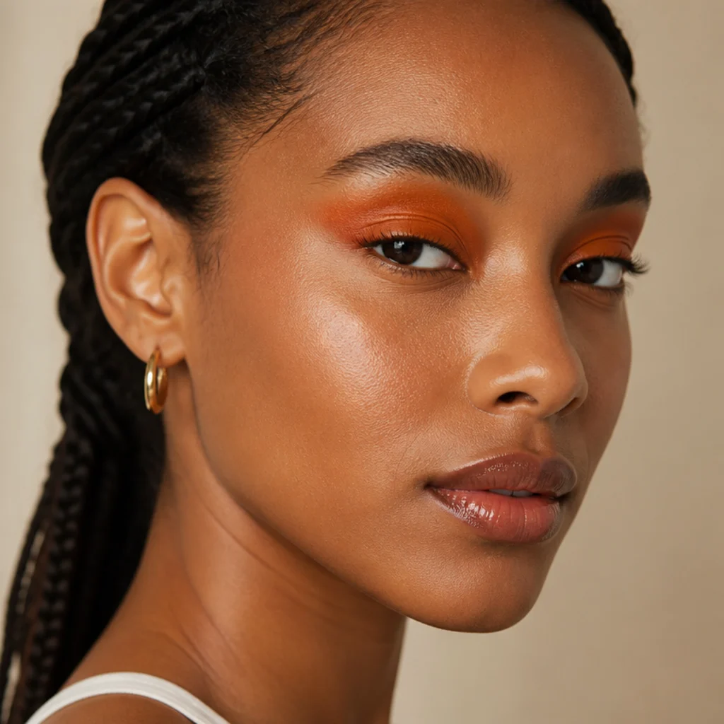 Bright amber summer foxy eye on hooded eyes, glowing warm orange washed across a glossy lid with a burnt-orange lifted outer corner