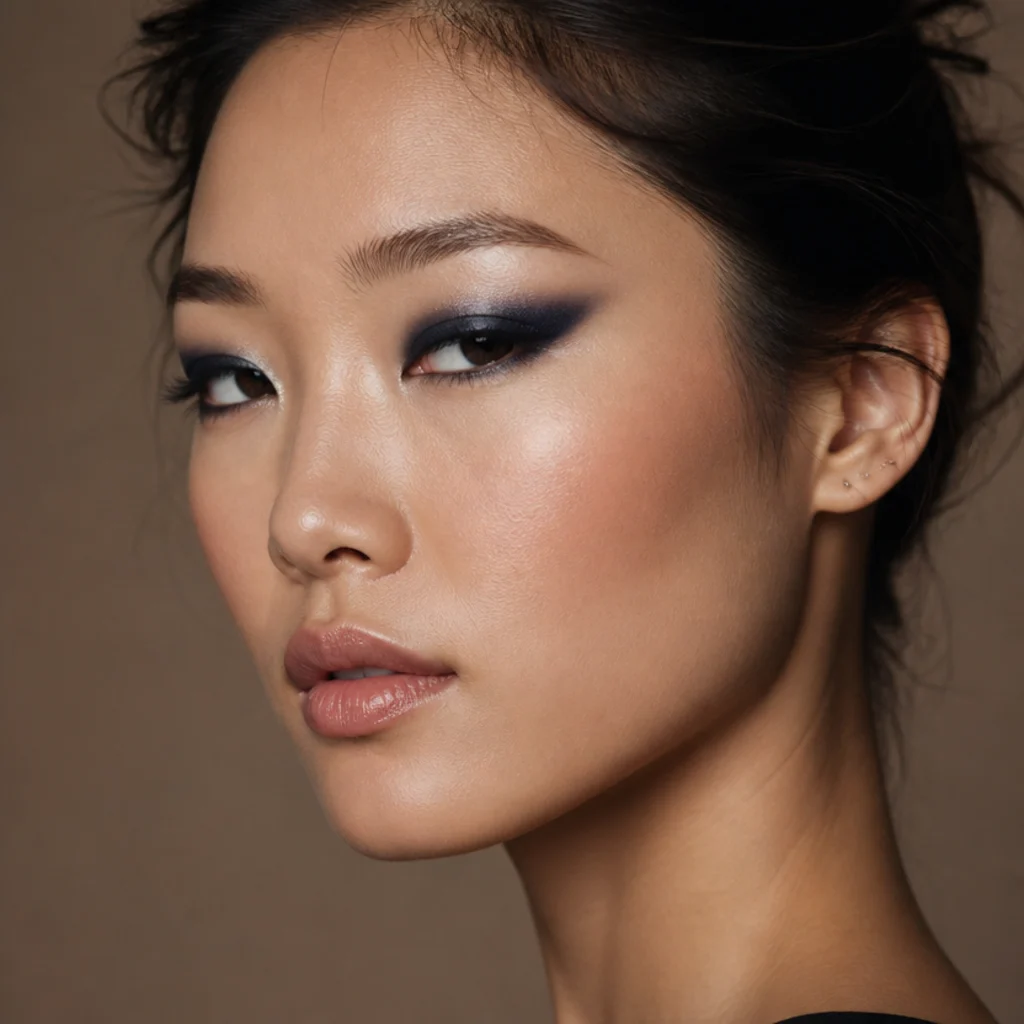 Navy twilight foxy eye on hooded eyes, deep blue smoke lifted toward the temple with a bright champagne shimmer inner corner