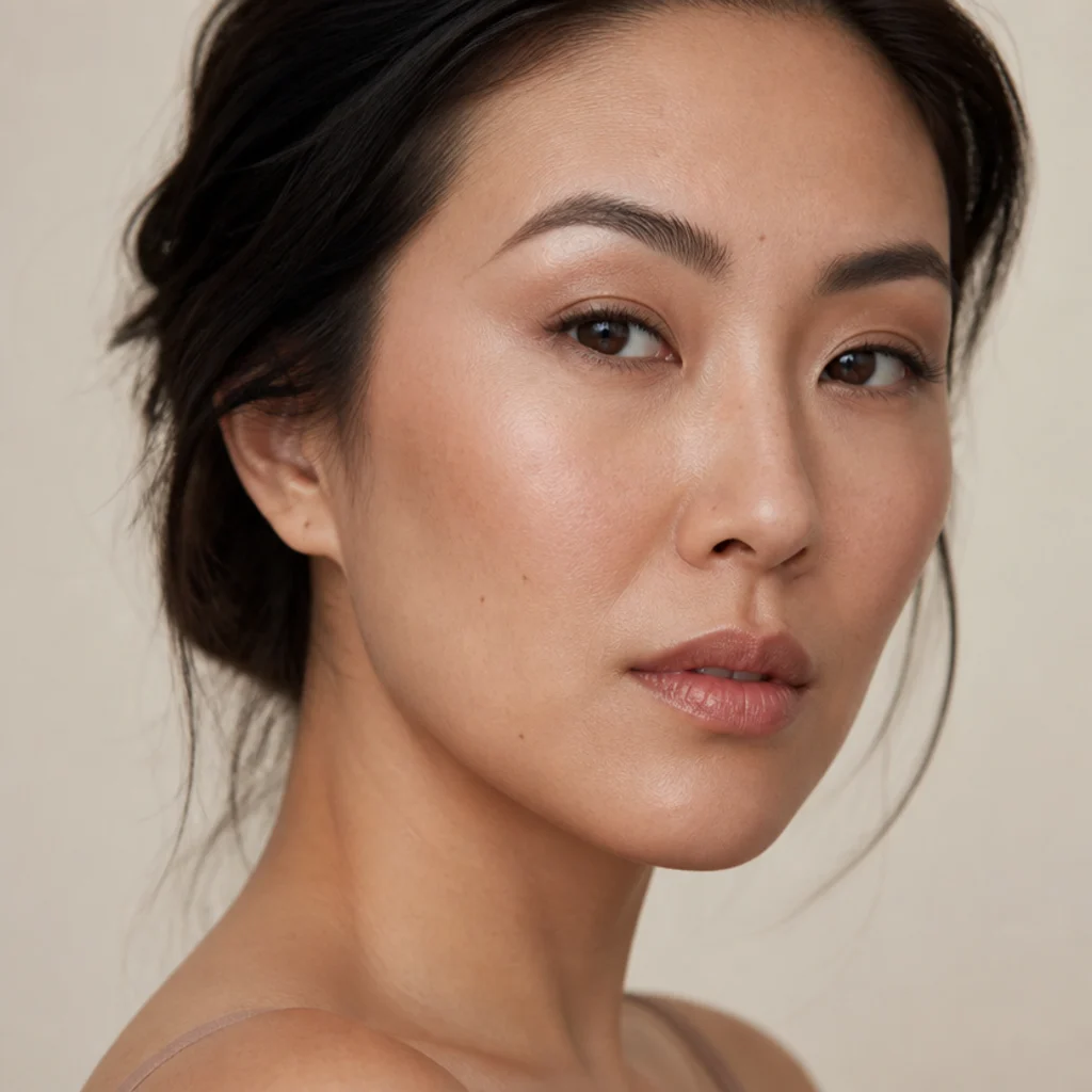 Bare-skin foxy eye on hooded eyes, skin-like matte lift sculpting the socket with curled defined lashes and no visible shadow color