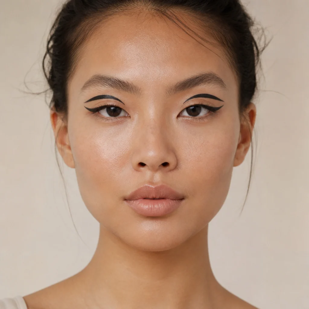 Bold black graphic foxy eye on hooded eyes, thick graphic liner set high above the crease and pulled into a sharp lifted tail