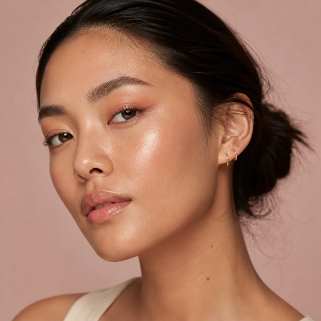 Peach shimmer foxy eye on hooded eyes, soft peachy shimmer lid with a slightly deeper warm peach lifted at the outer corner