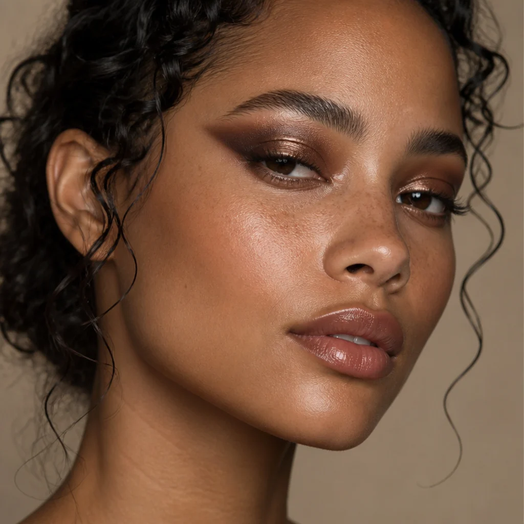 Foiled chocolate foxy eye on hooded eyes, metallic wet-look brown pressed on the lid with a matte brown edge lifted toward the temple