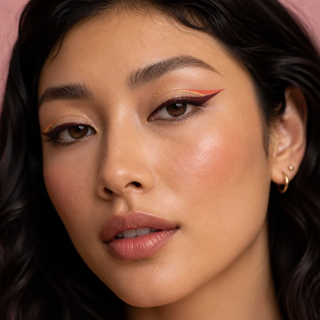 Festival foxy eye on hooded eyes, colorful lifted liner with small graphic accents and placed shimmer dots on the visible lid
