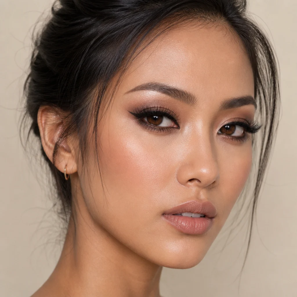 Red-carpet full glam foxy eye on hooded eyes, diffused smoky lid, sharp lifted liner mapped above the fold, bright inner corner and dramatic outer lashes