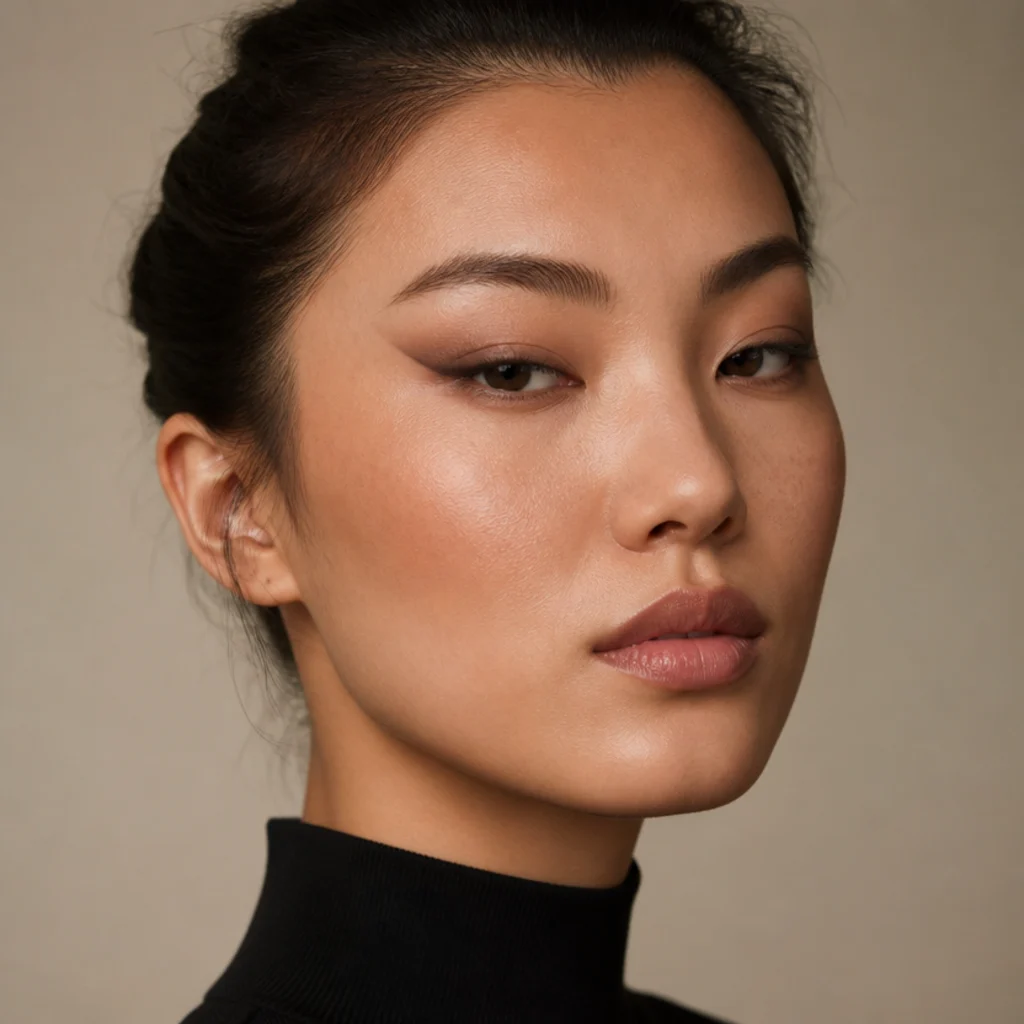 Editorial close-up of a hooded-eye model with a lifted foxy eye look, elongated liner and soft taupe shadow winging toward the temple