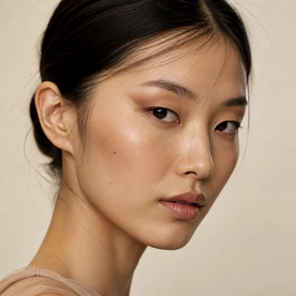 Model wearing a soft taupe foxy eye with a lightly smudged upward wing and minimal lashes, three-quarter angle on ivory