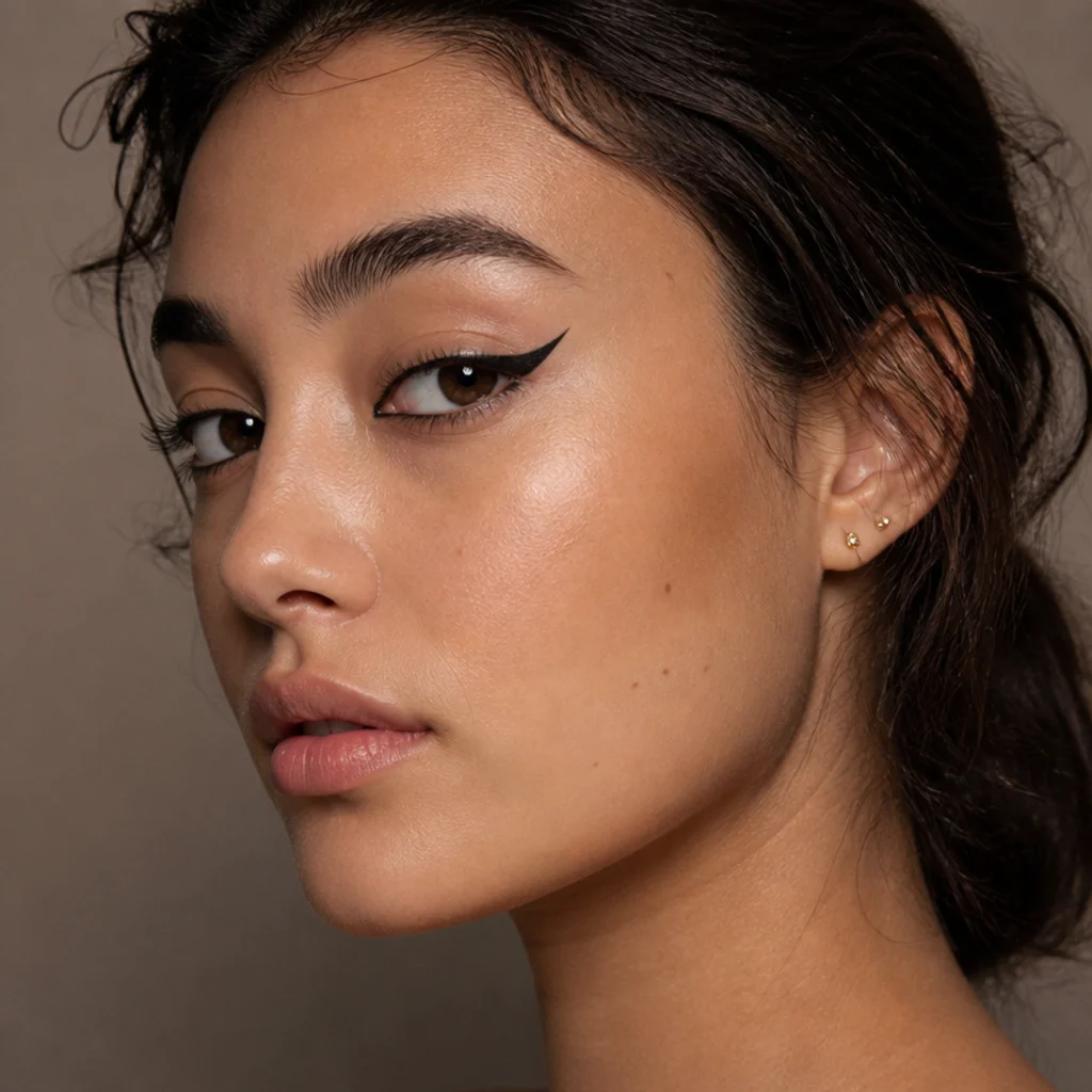 Model with sleek black foxy eyeliner angled sharply toward the temple over a bare lid, close three-quarter beauty shot