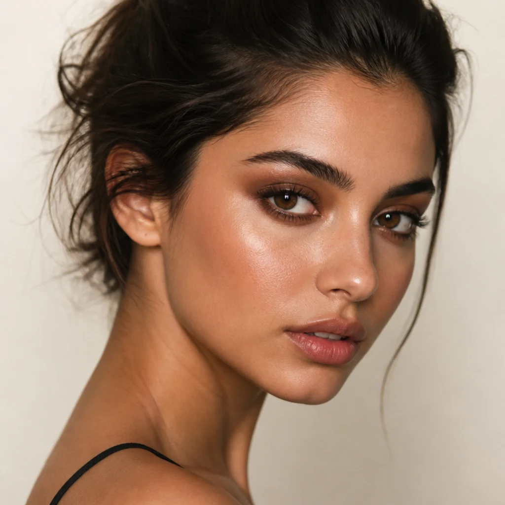 Model wearing a bronze smoked foxy eye with warm diffused shadow lifting at the outer corner, three-quarter angle