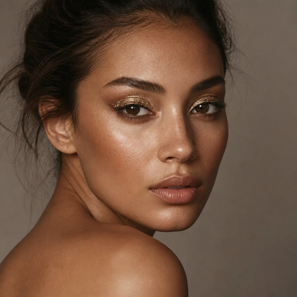 Model with glitter foxy eyes, sparkling gold flakes on a lifted lid over a soft brown base, evening beauty shot