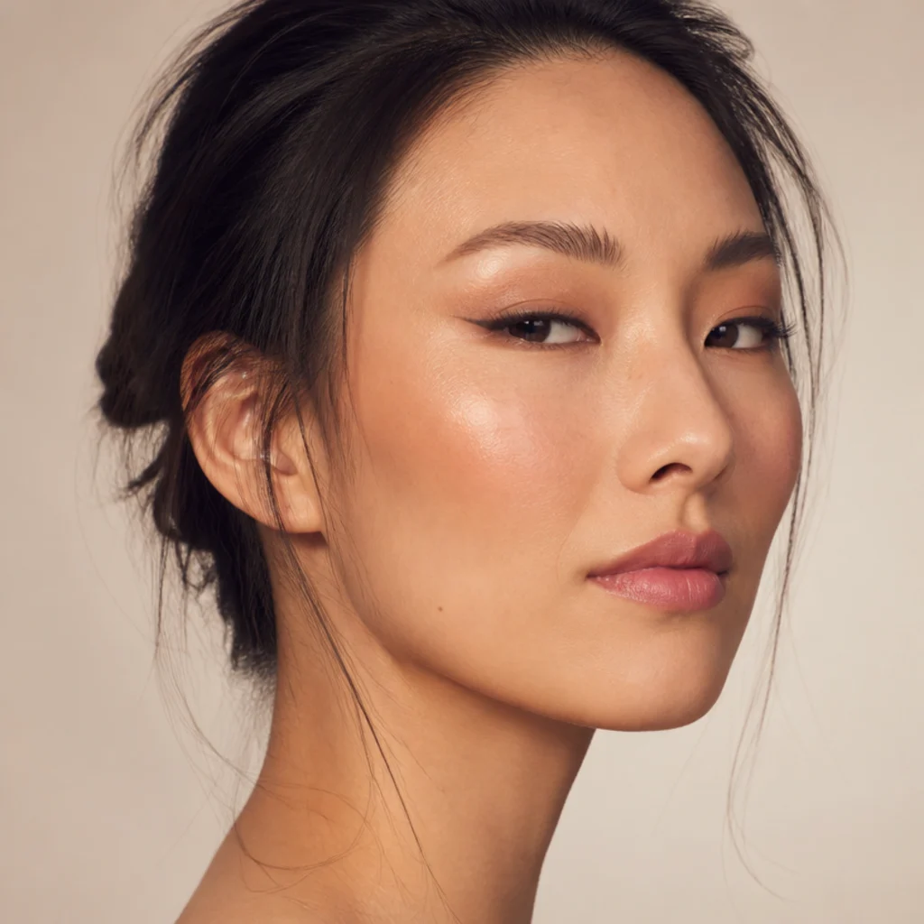 Model with hooded eyes wearing foxy eyeliner drawn with eyes open so the wing stays visible above the hood, three-quarter angle