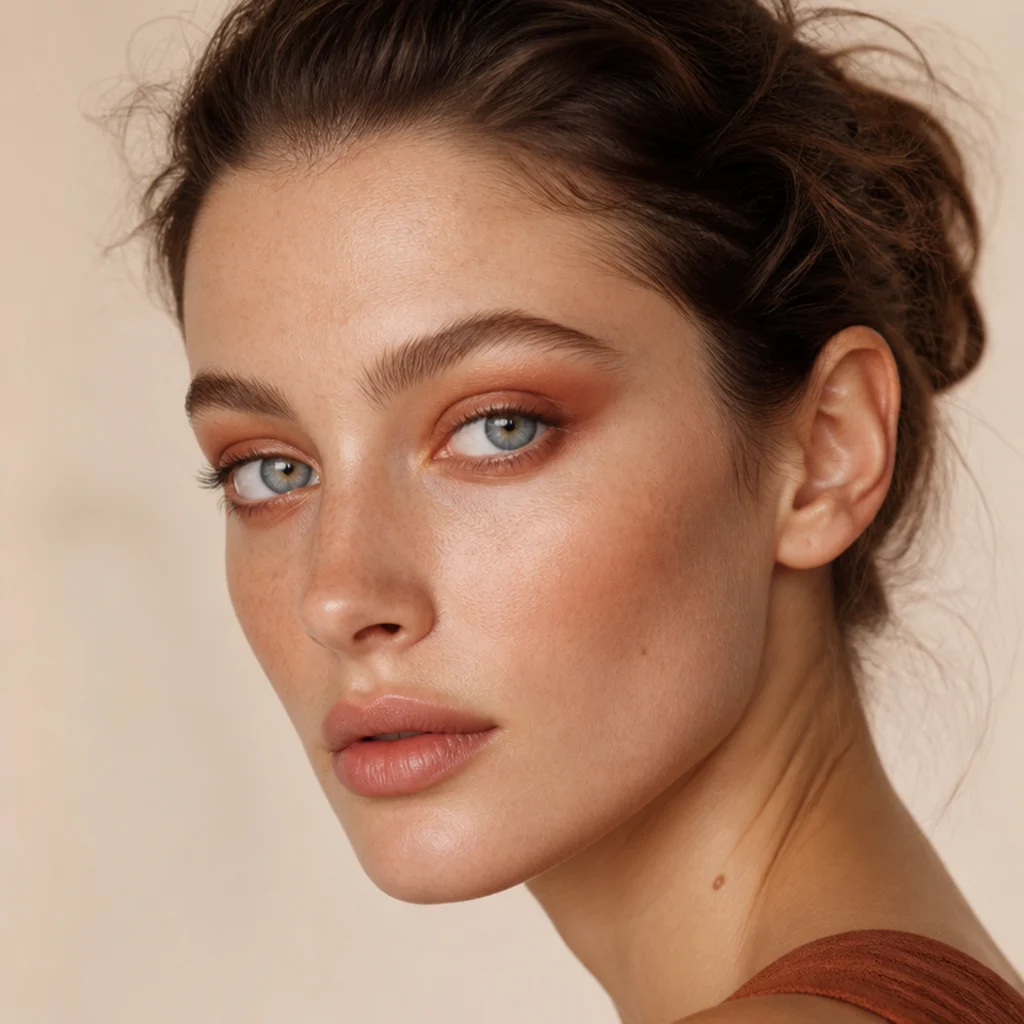 Model wearing a terracotta wash foxy eye with monochrome warm shadow lifted at the corner and natural lashes