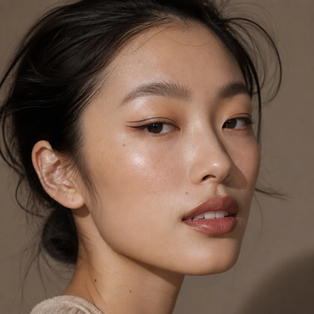 Model with monolid eyes wearing a floating foxy wing drawn above the lash line over a clean lid, close beauty shot