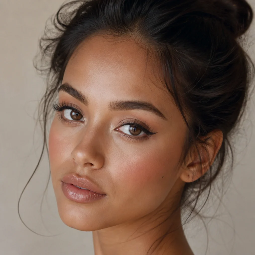 Model with big foxy eyes emphasized by full wispy lashes and a lifted liner, wide open gaze, three-quarter angle