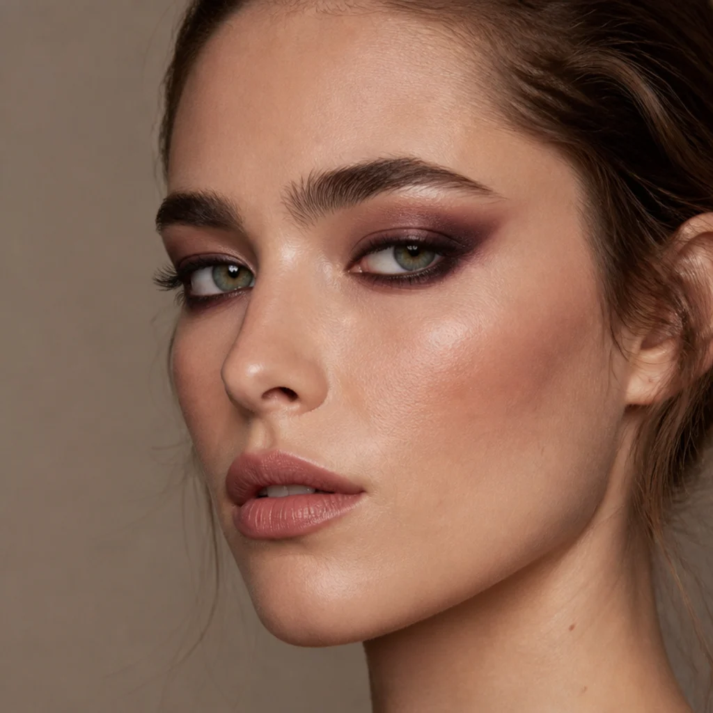 Model wearing a plum smoked foxy eye with deep berry shadow lifted at the outer V, cool-toned beauty shot