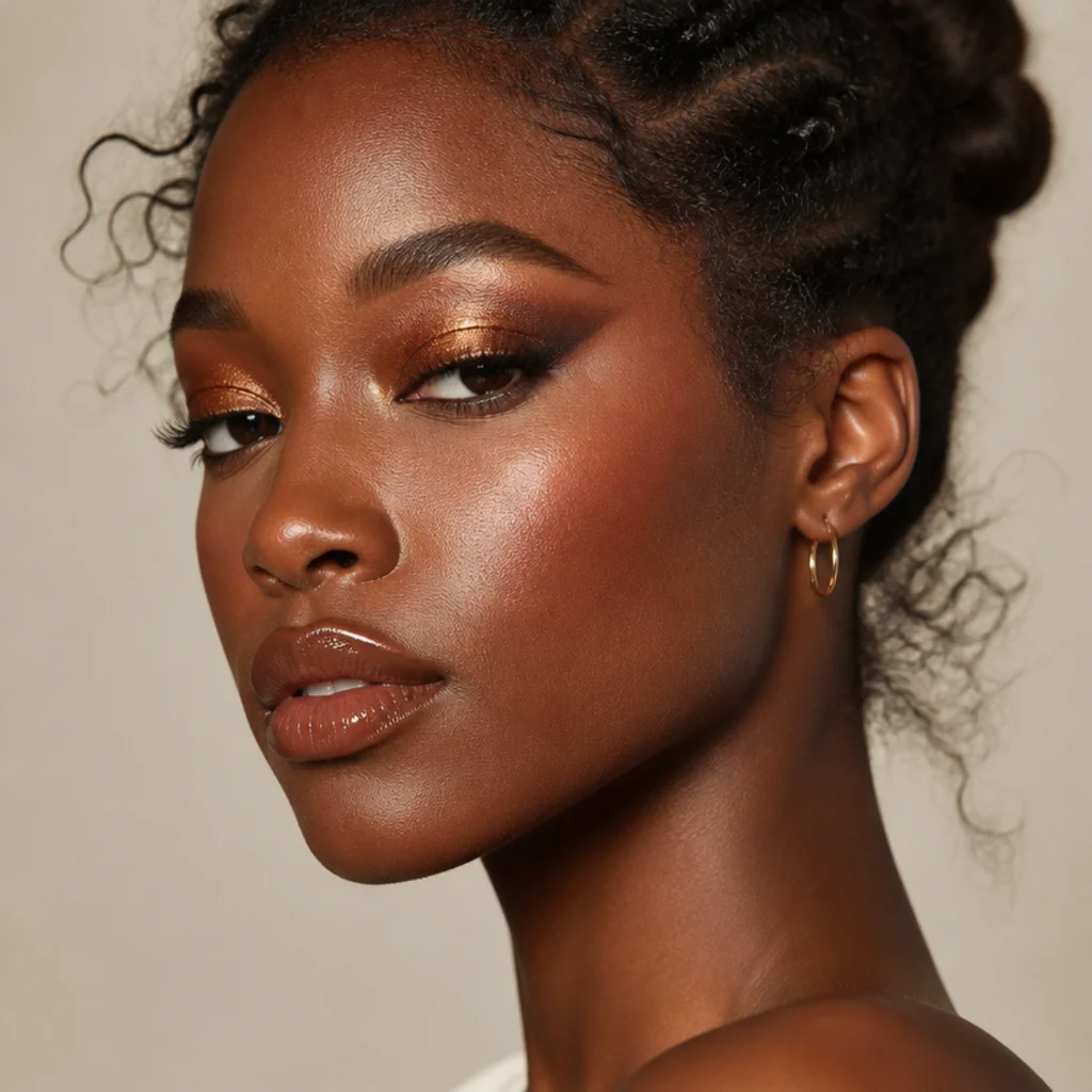 Deep-skinned Black model wearing a deep bronze foxy eye with rich pigment and a lifted metallic wing, three-quarter angle
