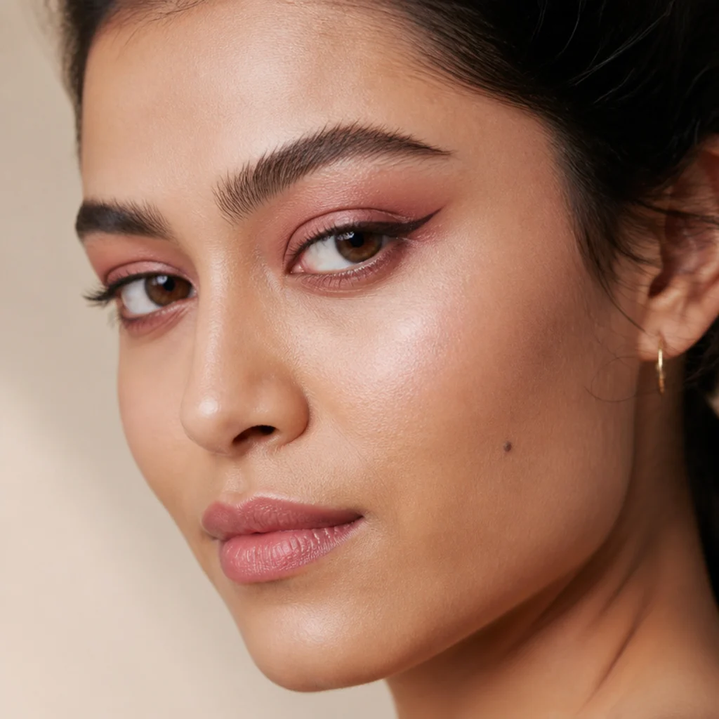 Model wearing soft pink foxy eyes with a rosy lifted lid and subtle wing, fresh daytime beauty shot