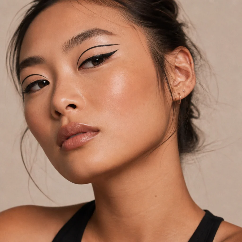 Model with a graphic double-wing foxy liner, two parallel lifted lines in black over a clean lid, editorial beauty shot