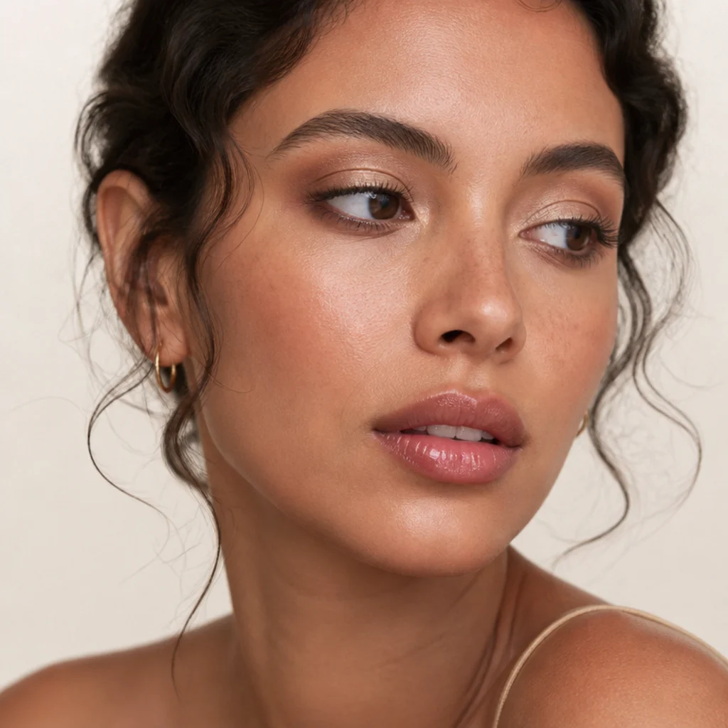 Model wearing a champagne shimmer foxy eye with a luminous lifted lid and soft brown outer corner, glowing beauty shot