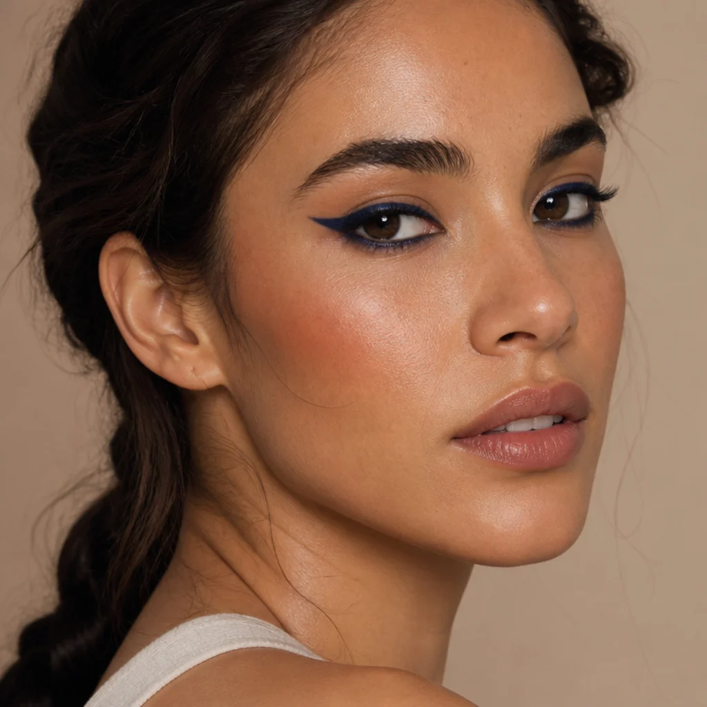 Model wearing a navy blue foxy wing with a deep blue lifted liner over a neutral lid, striking beauty shot