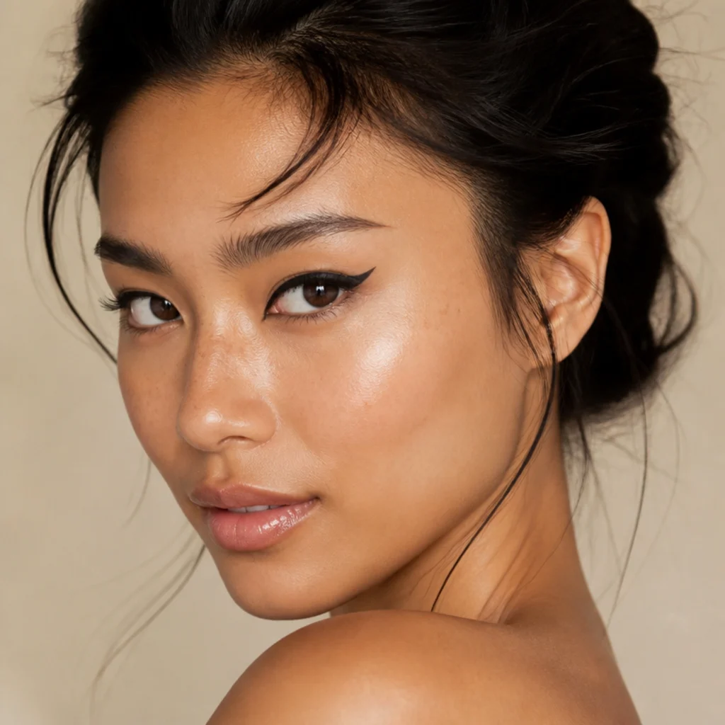 Model wearing foxy eyes with a reverse cat liner drawn on the lower outer corner lifting upward, three-quarter angle
