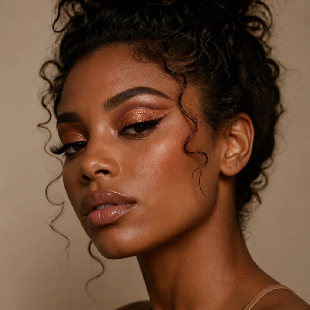 Model wearing a copper cut-crease foxy eye with a sharp defined crease and metallic lid lifted at the corner, beauty shot