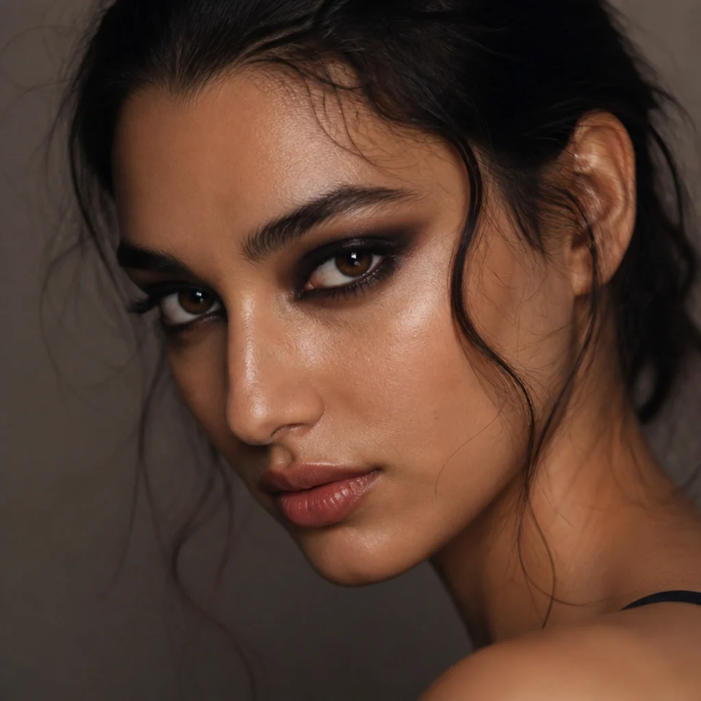 Model wearing smudged kohl foxy eyes with a soft smoky lifted line and lived-in finish, moody beauty shot