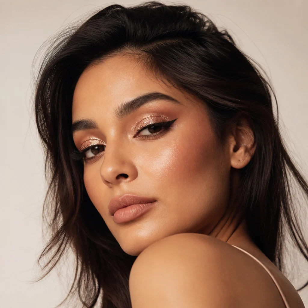 Model wearing a rose gold glitter cut-crease foxy eye with a sparkling lid and defined lifted crease, evening beauty shot
